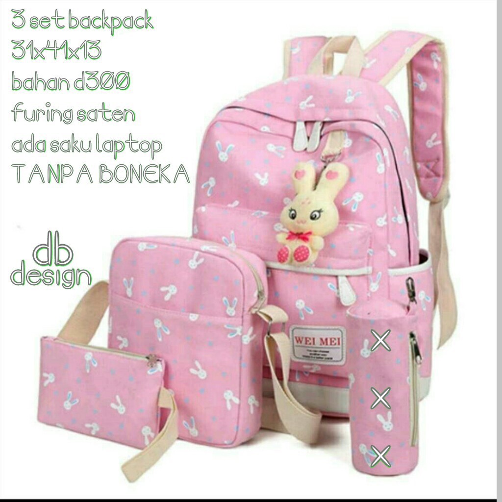 Tas Ransel Backpack Sekolah Anak Motif Corak 4in1 Free Boneka Rabbit Kelinci Playboy Bunny Canvas