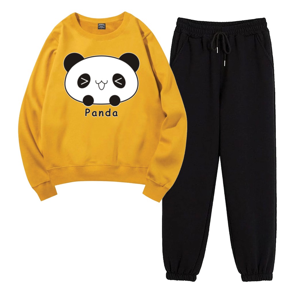 Baju Setelan Wanita Murah / Setelan Sweater + Jogger Hitam - PANDA CUTE