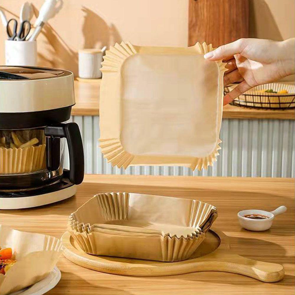 [Elegan] Air Fryer Kertas Sekali Pakai Coklat/Putih 50/100pcs Perlengkapan Dapur Anti Air Anti Lengket Square Disposable Paper Liner