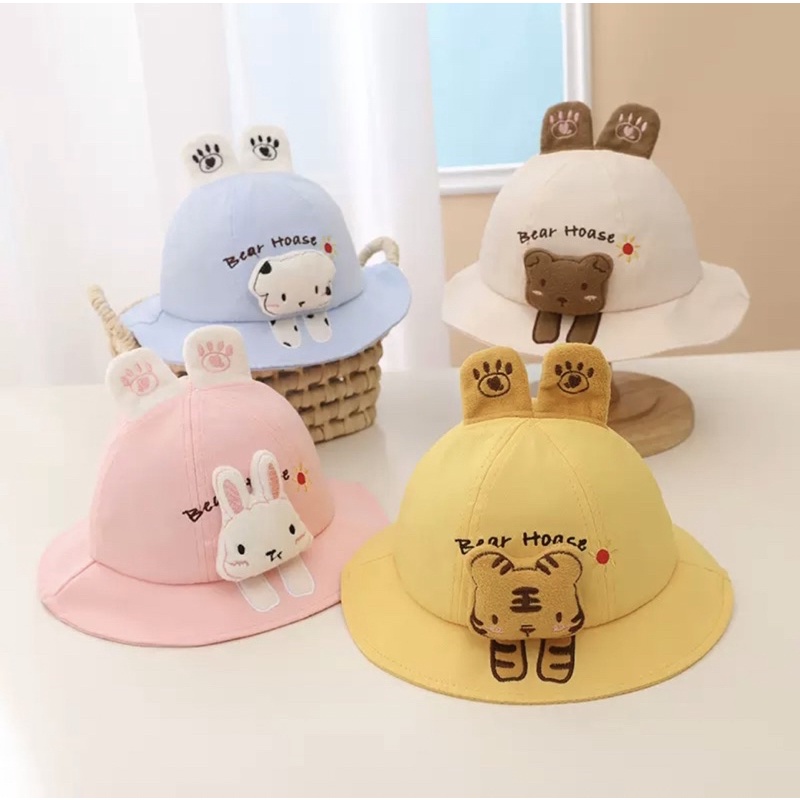 IMPORT Topi Bucket Anak Bayi Balita Unisex Model Boneka Bear Hoase Motif 3D Lucu