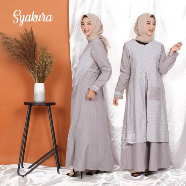 GAMIS MOTIF SALUR KOMBINASI POLOS CANTIK SYARI - KATUN YARNDED