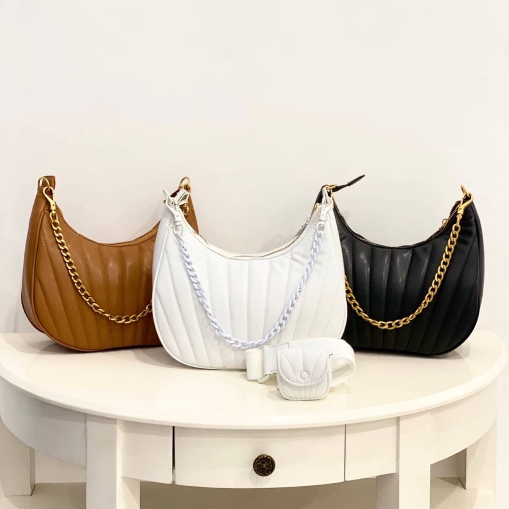 TAS WANITA|TAS CNK CRESCENT PANELLED AURORA CHAIN HANDLE HOBO BAG CK 1236|TAS HOBO