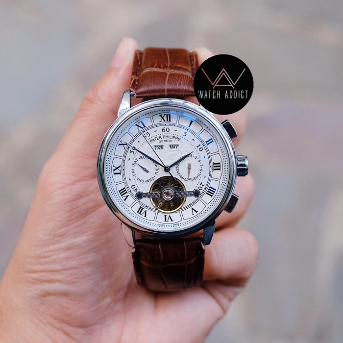 Jam Tangan Pria Cowok Patek Philippe Automatic Romawi Strap Coklat