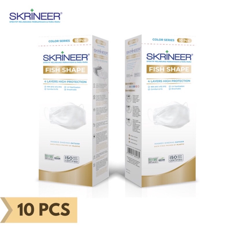 MASKER SKRINEER KF94/ SKRINEER MASKER FISH SHAPE 4 Ply EARLOOP WARNA PUTIH DAN HITAM ISI 10 & 20 Pcs