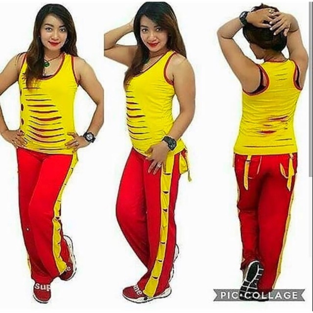 Baju Senam Aerobic Zumba Setelan Olahraga Muslim Gym Fitness Sobek Kuning Merah