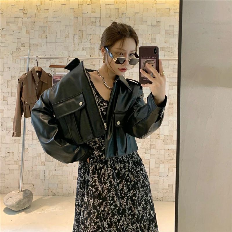 Mantel Kulit Antik Wanita 2020 Baru Longgar Hitam Pu Jaket Wanita Single Breasted Punk Pendek Faux Kulit Mantel Mujer