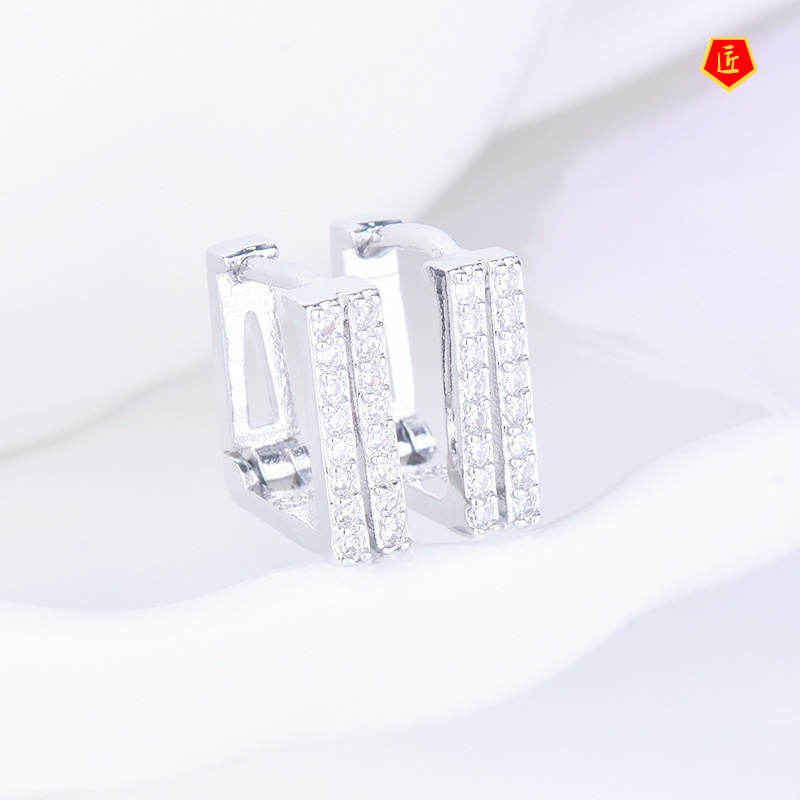 [Ready Stock]S925 Silver Square Hollow Rhinestone Earrings