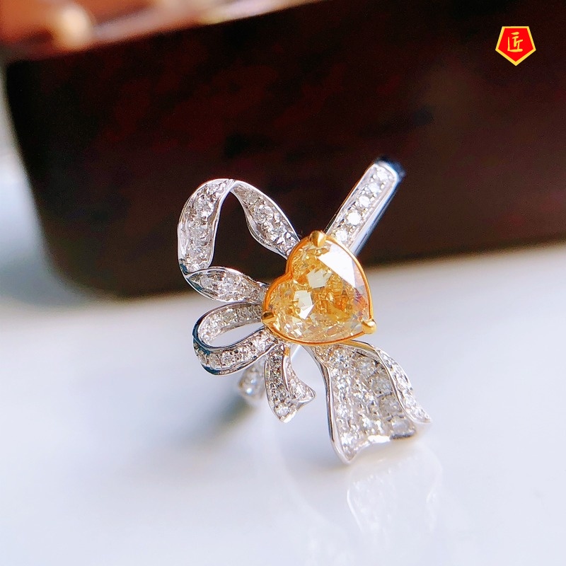 [Ready Stock]Fashion Creative Full Diamond Love Heart-Shaped Yellow Diamond Ring for Women