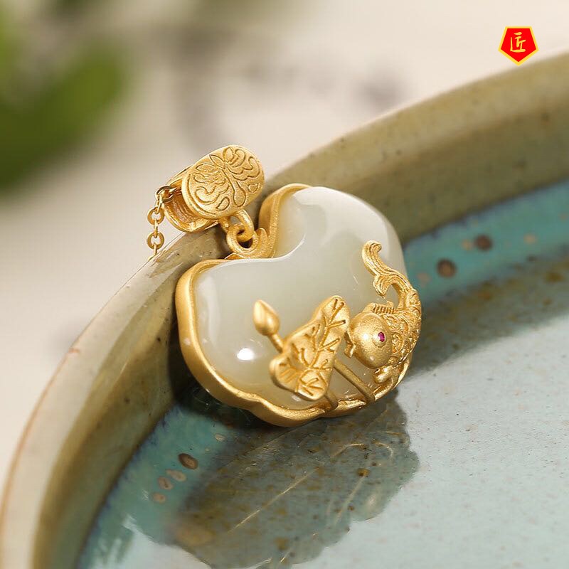 [Ready Stock]Women's Hetian White Jade Lotus Leaf Fish Lock of Good Wishes Pendant Necklace