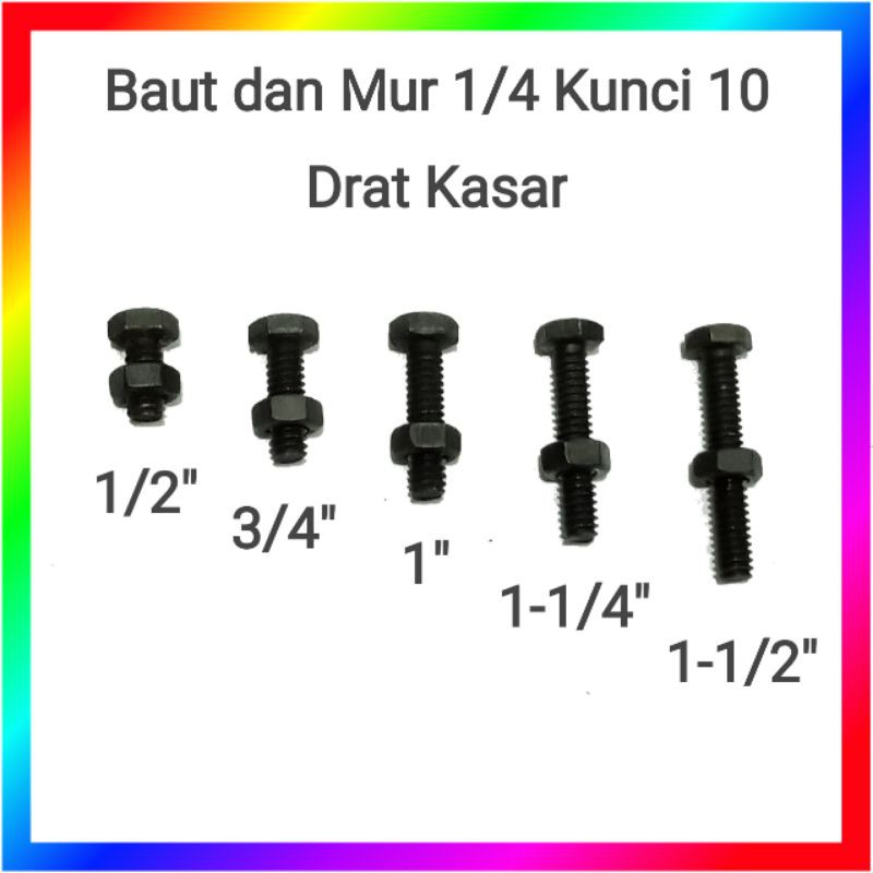 Baut dan mur 1/4&quot; inci hitam kepala kunci 10 drat kasar