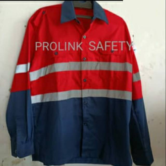 SERAGAM BAJU SAFETY MERAH KOMBINASI DONGKER KANCING