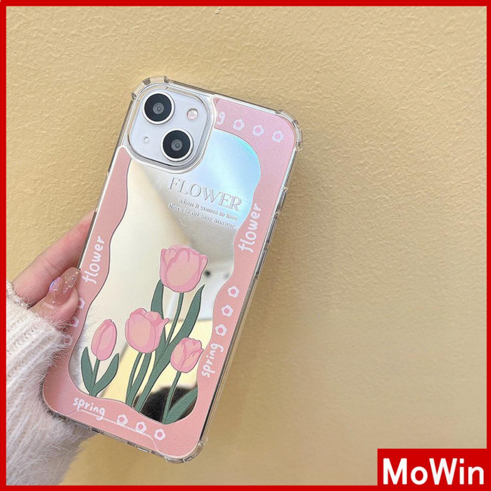 iPhone Case Acrylic Reflective Mirror Airbag Shockproof Protection Camera Pink Tulip Flower Compatible with iPhone 11 iPhone 13 Pro Max iPhone 12 Pro Max iPhone 7 Plus iPhone xr