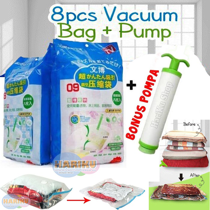 Jual Vacuum Bag Jumbo isi 8 + FREE Pompa / Plastic Vakum Bag Travel Set X478 Shopee Indonesia