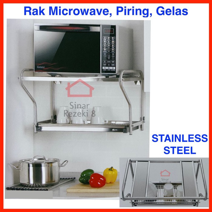 Rak Microwave STAINLESS Gantung Tempat Tiris Piring Oven Dinding Dapur - A0560
