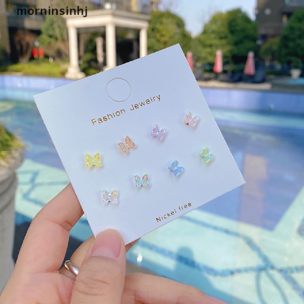 Mornin 8pcs Anting Tusuk Akrilik Bentuk Kupu-Kupu Warna Pelangi Untuk Wanita