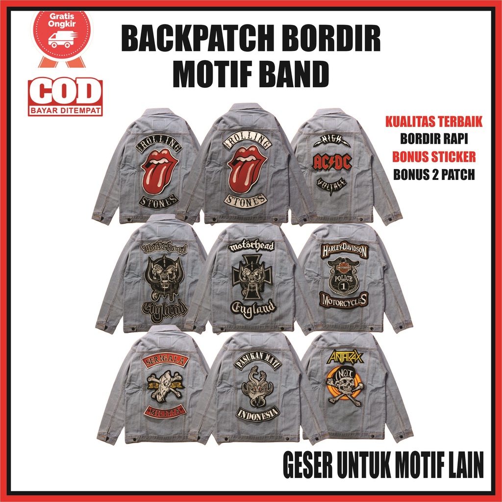 Backpatch Emblem Punggung Punk Jaket Jeans Bordir Besar Motif Band Motorhead Antrax Harley