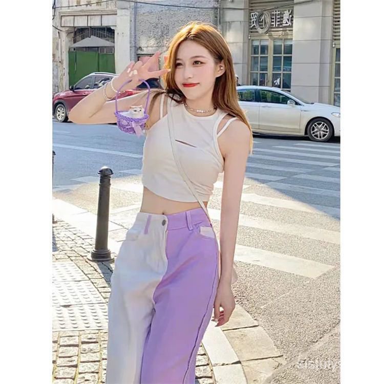 American high street hot girl ungu dan putih musim panas jahitan desain jins celana ceruk wanita sem