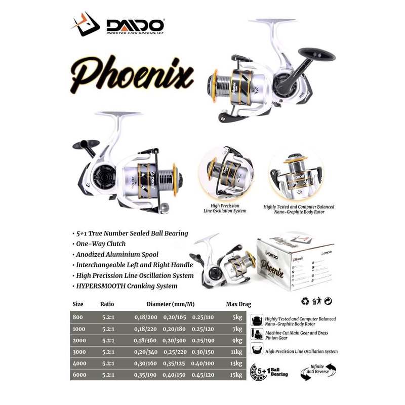 Reel Pancing Daido Phoenix 800 - 6000 (5+1 Seal Bearing) One Way Murah
