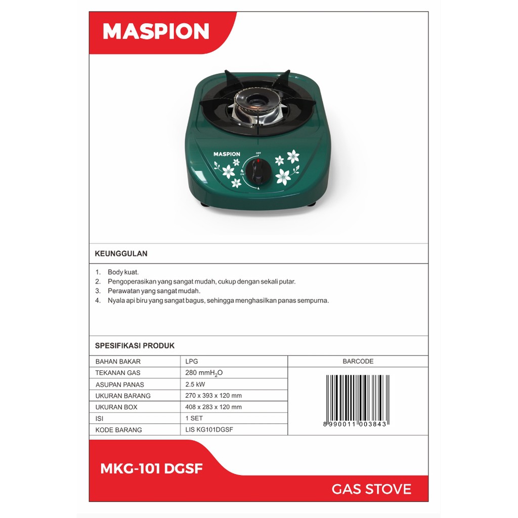 Kompor Gas Maspion 1 Tungku MKG 101DGSF