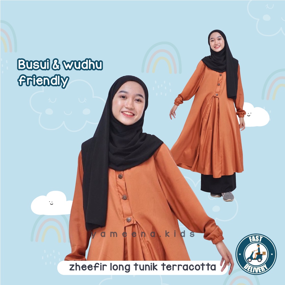 Nisa Busana Zheefir Long Tunik Terracotta Longdress Pakaian Muslimah Wanita Kekinian By Yameenakids