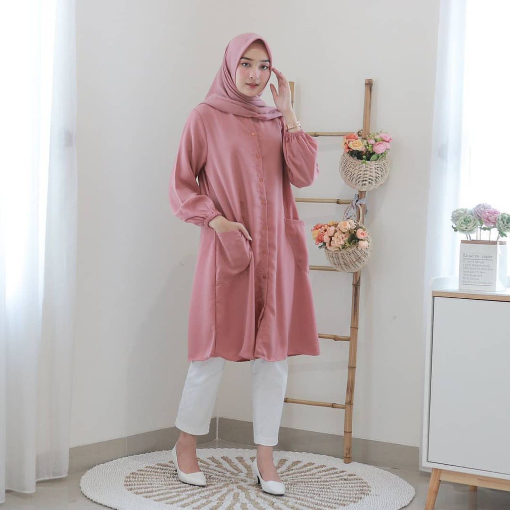 TM 23- COD Kemeja tunik wanita remaja cewek L ld 100 cm panjang murah busui kancing depan