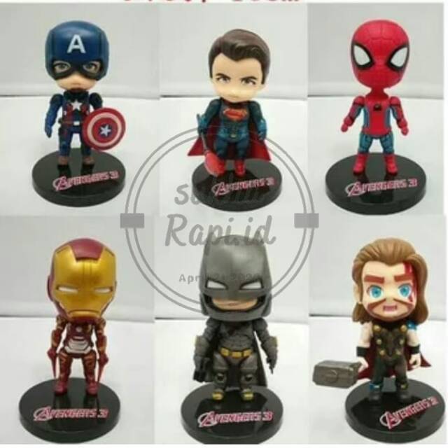 (SKR) Avenger Chibi Action Figure Set 6Pcs Mainan Pajangan Hiasan Miniatur Toppers