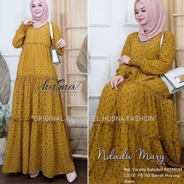 alea maxi ceruty bebydoll polka rempel /gamis syarii ceruty susun/gamis ceruty motif polka