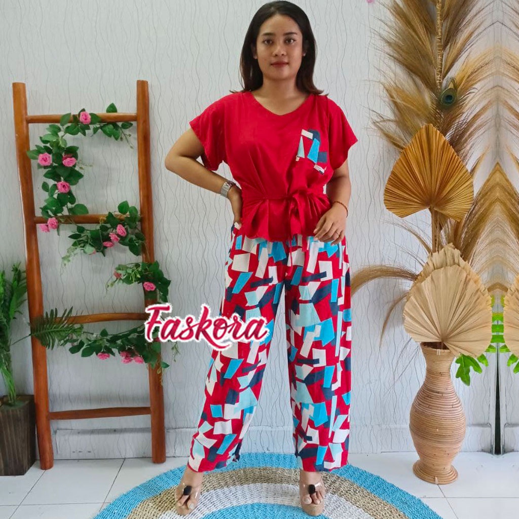 Piyama Wanita Rayon Jumbo Setelan Baju Tidur Kekinian Motif Geometri Lengan Pendek