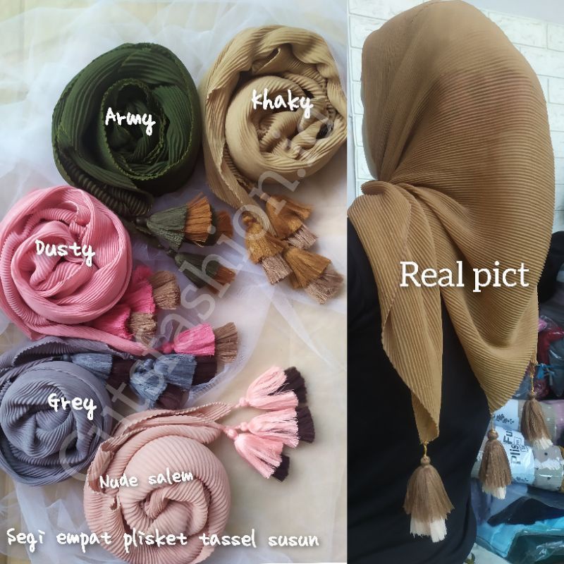 Jilbab Segi Empat Plisket Tassel Jollie Kuncir / Segiempat Plisket Lidi Premium