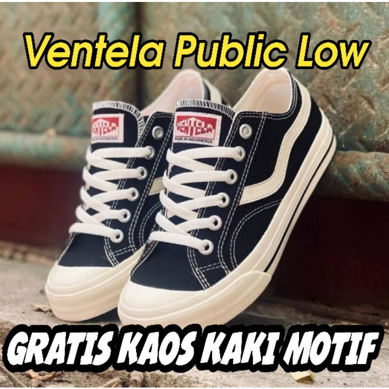 Sepatu Ventela Public Low Hitam Natural Gratis Kaos Kaki Motif