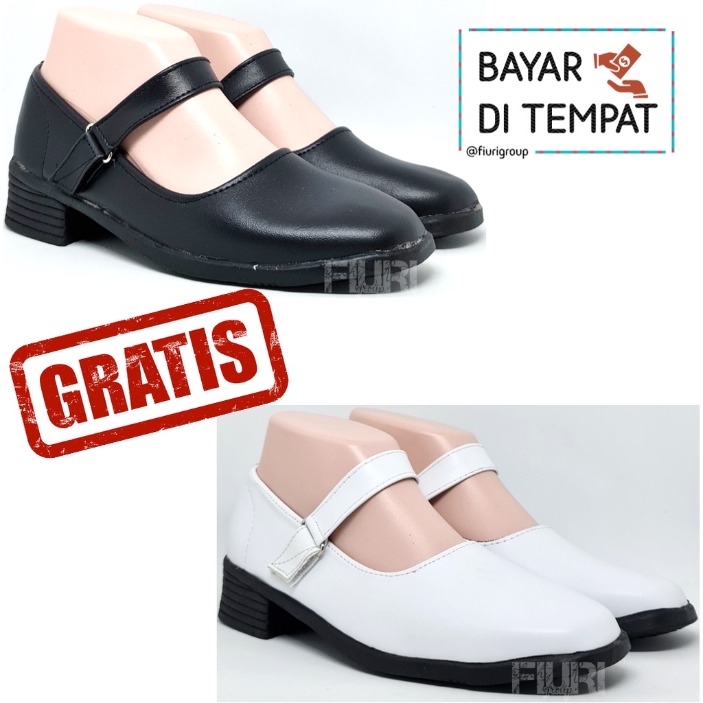 FIURI - Sepatu Pantofel Wanita Hitam 36-43  Bonus Putih Tali Perekat Hak 3cm - Sepatu Sekolah Perawat Suster Bidan Paskib Hak Tahu 3 cm Upacara Paskibra - Sepatu Formal Perempuan SD SMP SMA Pelatihan Ospek Kerja Kantor Resmi Kulit Murah Promo Diskon