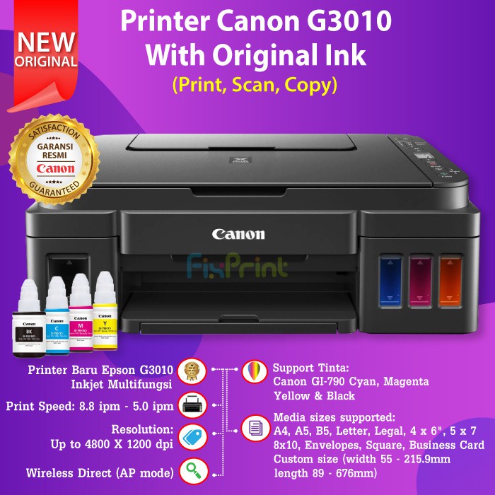 Printer Canon G3010 WiFi Print Scan Copy Wireless Tinta Original GI790 790 Black Cyan Magenta Yellow