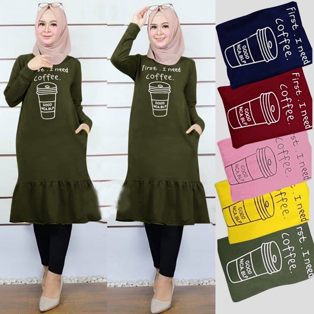 TUNIK NEED COFFEE LONG TUNIK MURAH BABY TERRY TUNIC