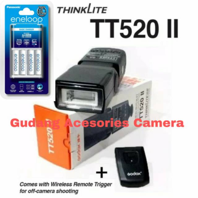 Paket flash GODOX TT-520II TT520II + charger battrey eneloop A2 isi 4