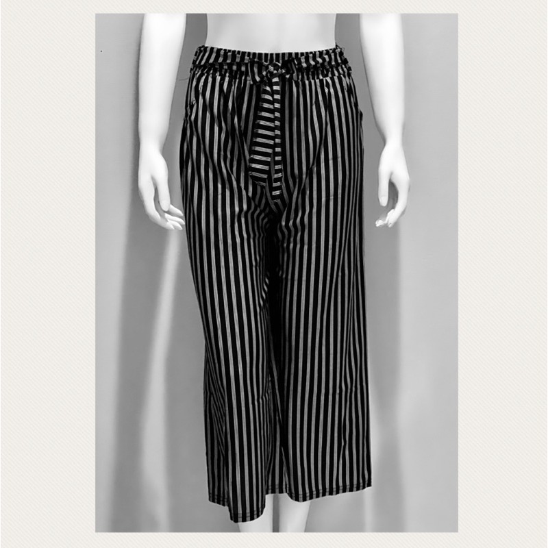celana kulot panjang wanita motif salur garis garis hitam putih all size