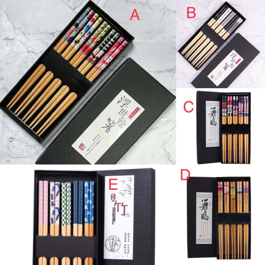 Set wooden bamboo chopstick sushi reusable sumpit bambu kayu gift box