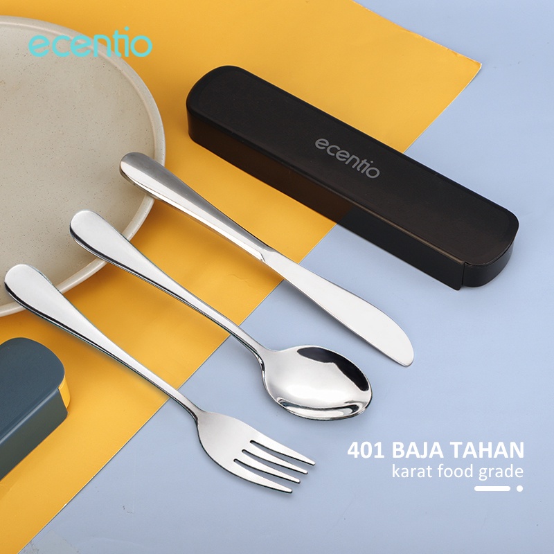 ecentio &amp; FOODI 3pcs sendok makan garpu Pisau set/Cutlery Set/alat makan korea/peralatan makan stainless steel dengan kotak hitam