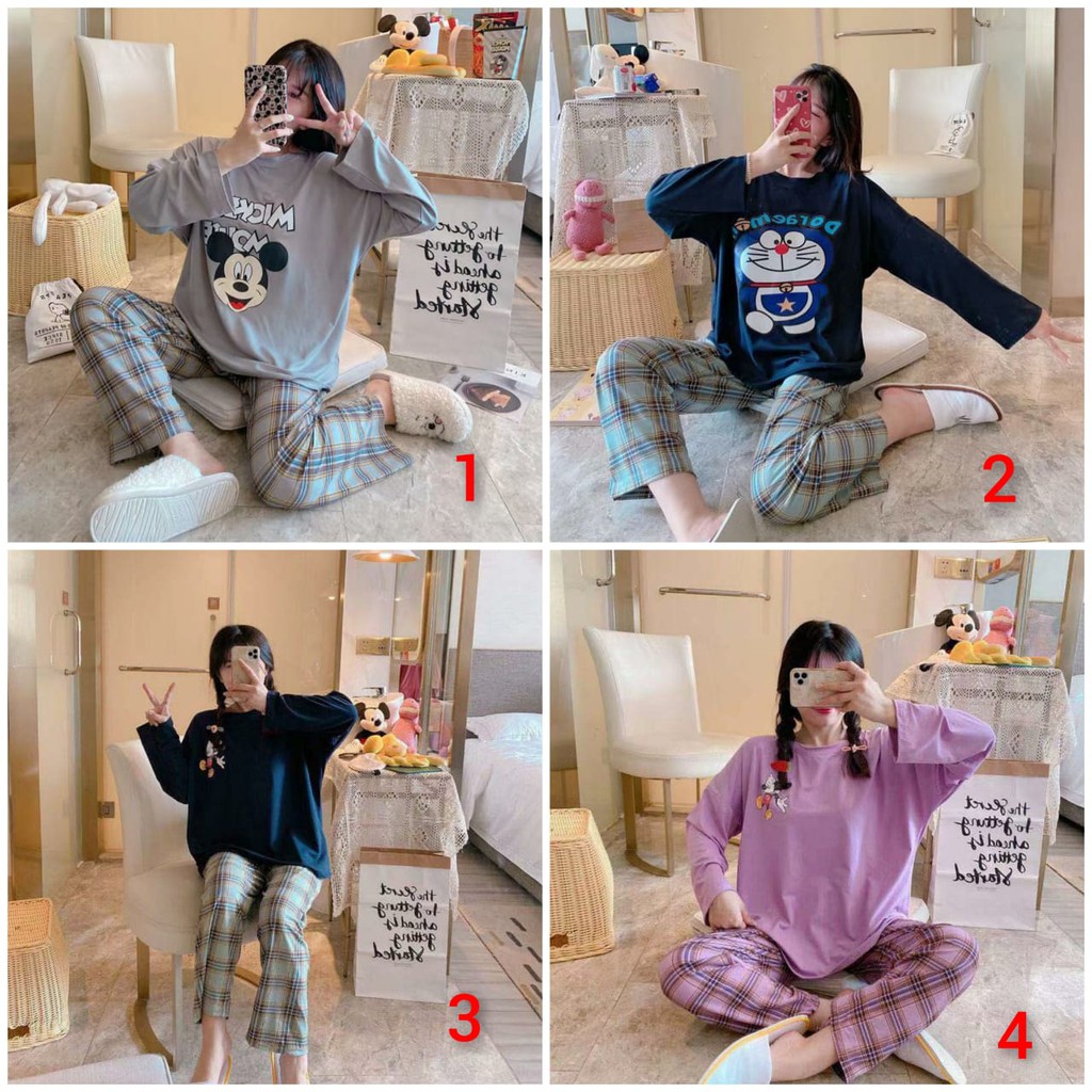 baju tidur piyama spandek lengan panjang celana panjang mickey doraemon