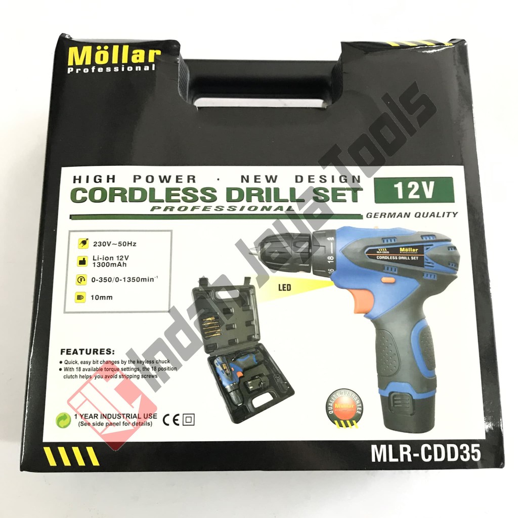 Mesin Bor 10 mm Cordless Mollar 2 Battery / Charger | Rechargeable 12V