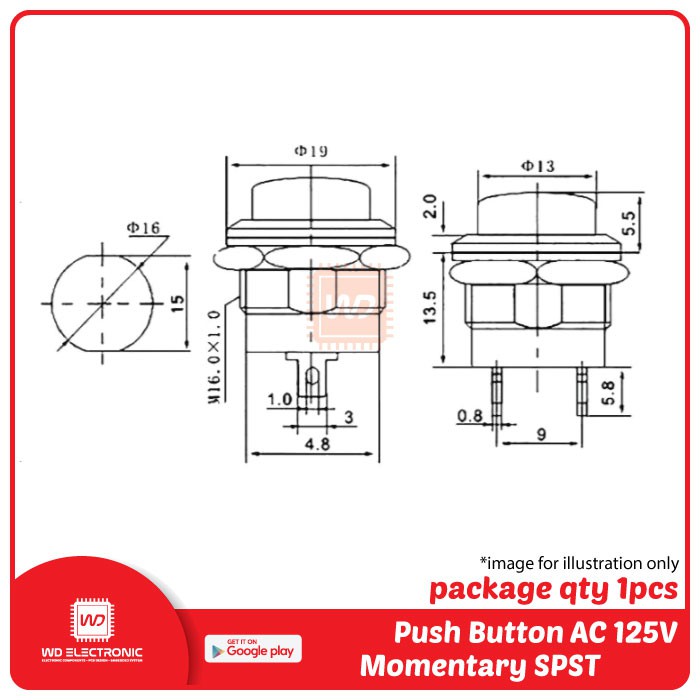 Push Button Switch R13-507 AC 125V 6A 250V 3A Momentary SPST Push Button