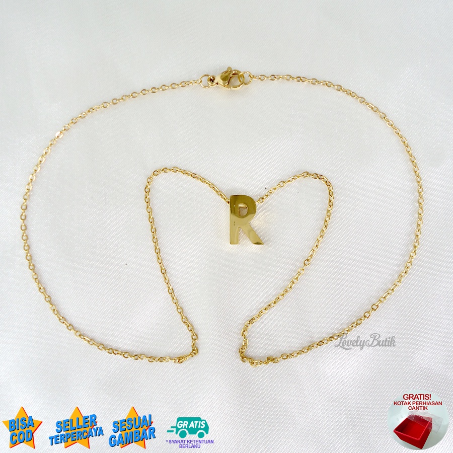 Lovelybutik Kalung Titanium Huruf Abjad Nagita 4Ccent Kalung Alfabet Inisial Huruf A-W Emas 24K Titanium Bonus Kotak Perhiasan