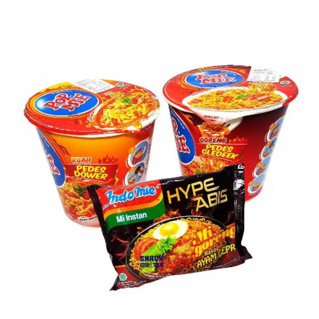 Paket hemat mie instan pedas indomie pop mie pedas