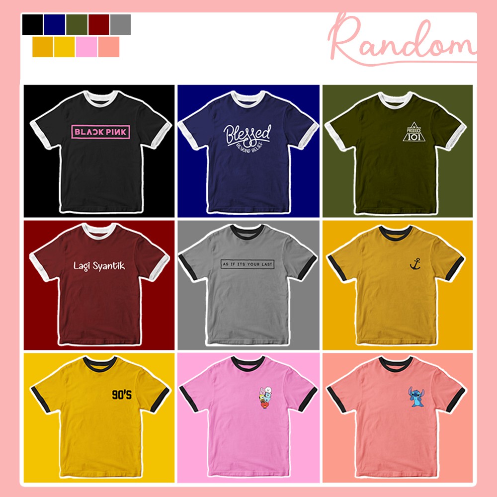 BAJU KAOS RINGER TEE MOTIF RANDOM FOR CEWEK TUMBLR TEE SOFT SPANDEK T-SHIRT - YELONIX