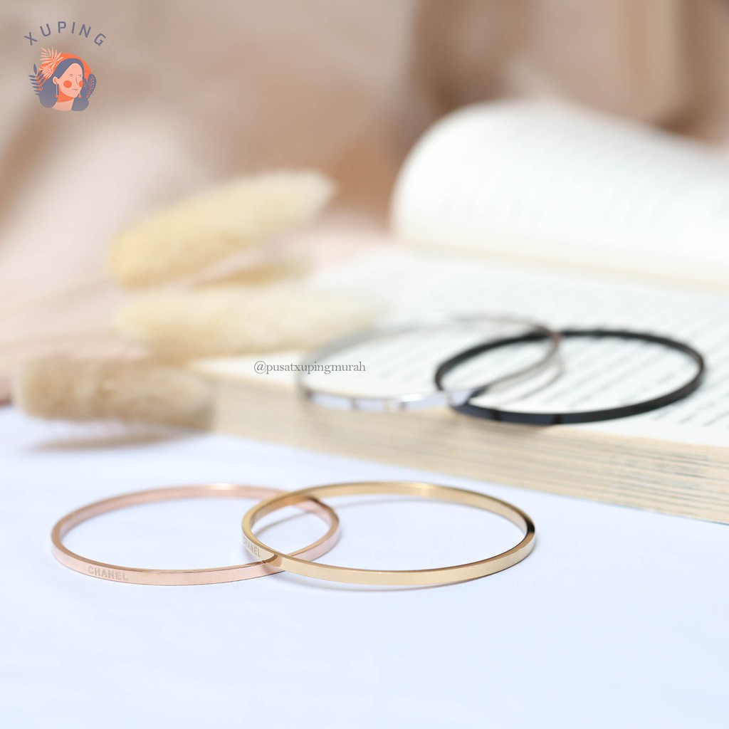 CHANEL GELANG TITANIUM PERMATA PERHIASAN PREMIUM QUALITY SET 4 POLOS STAINLESS STEEL