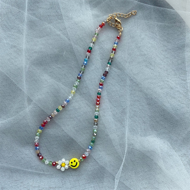 Korea Smiley Daisy Bracelet Necklace Color Flower Crystal Beaded Jewelry