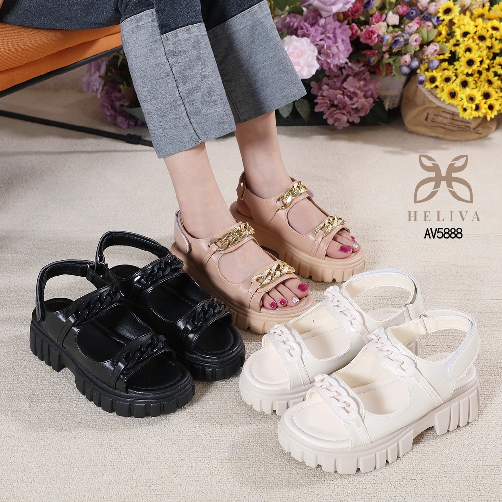 HELIVA JENNY Sepatu Wedges Sol 5,5cm Sedang Sling Back Double Chain Rantai Bahan Kulit HV5888 Original Brand