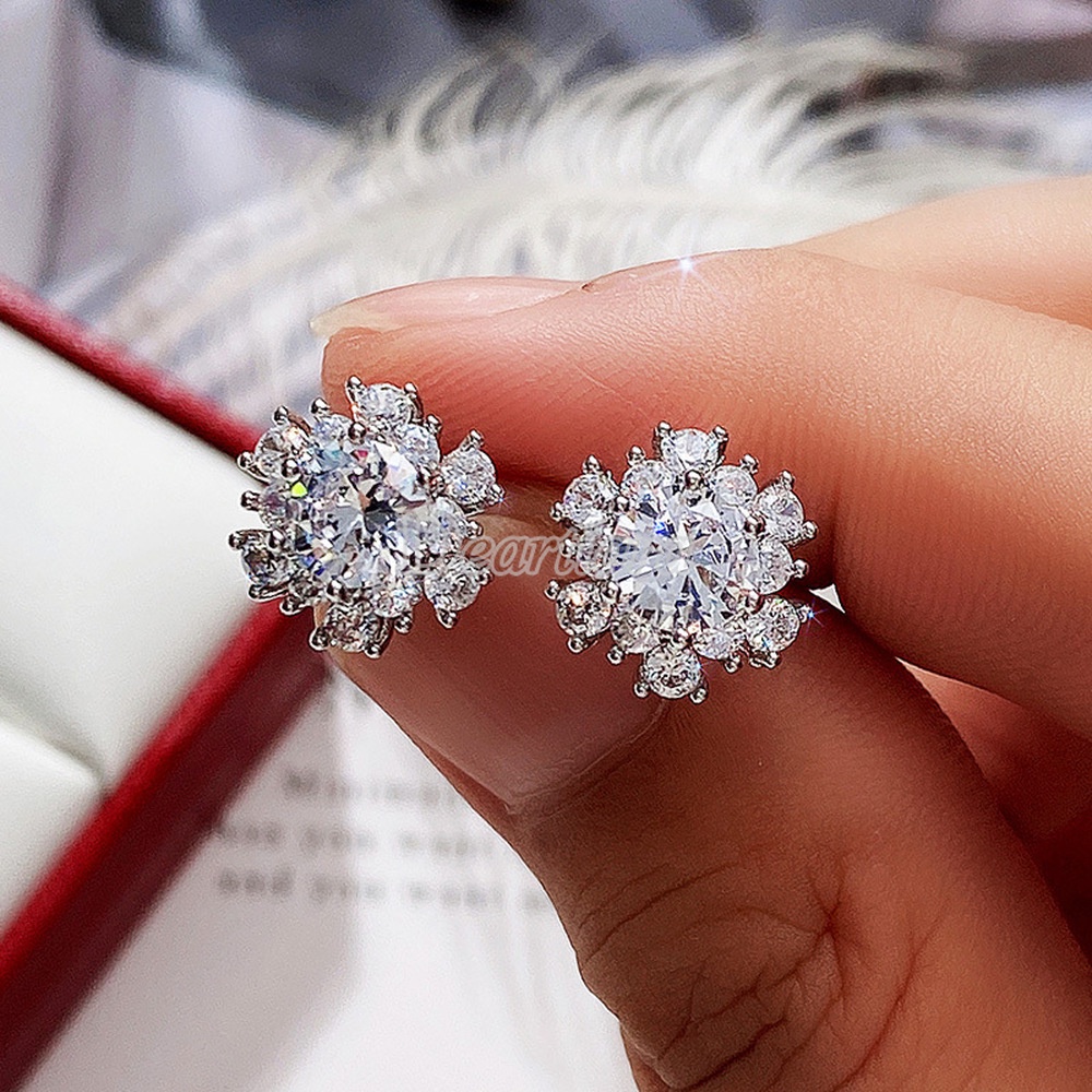 Anting Tusuk Desain Bunga Hias Zircon + Berlian Untuk Wanita