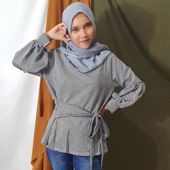 Blouse Wanita Lengan Panjang Tali Houndstooth Puffy Barina LD 100cm Pjg 65cm FIt L-XL