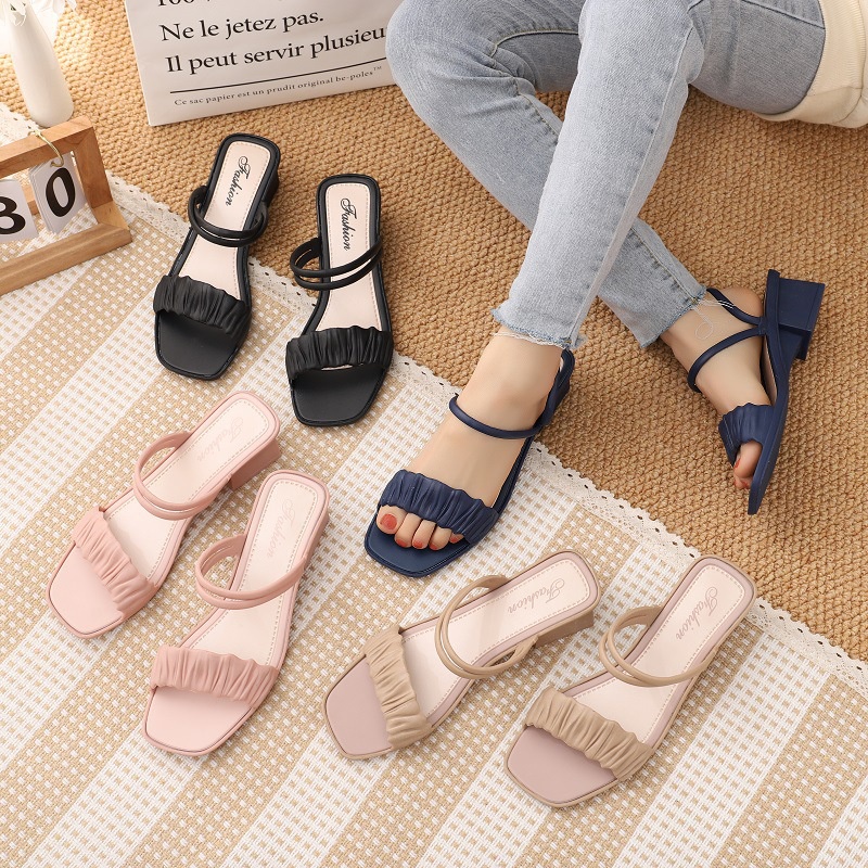 Mouseman - Sandal Selop Wedges Jelly Wanita Karis Sendal Slop Wedjes Cewek Ban 2 Kerut Import