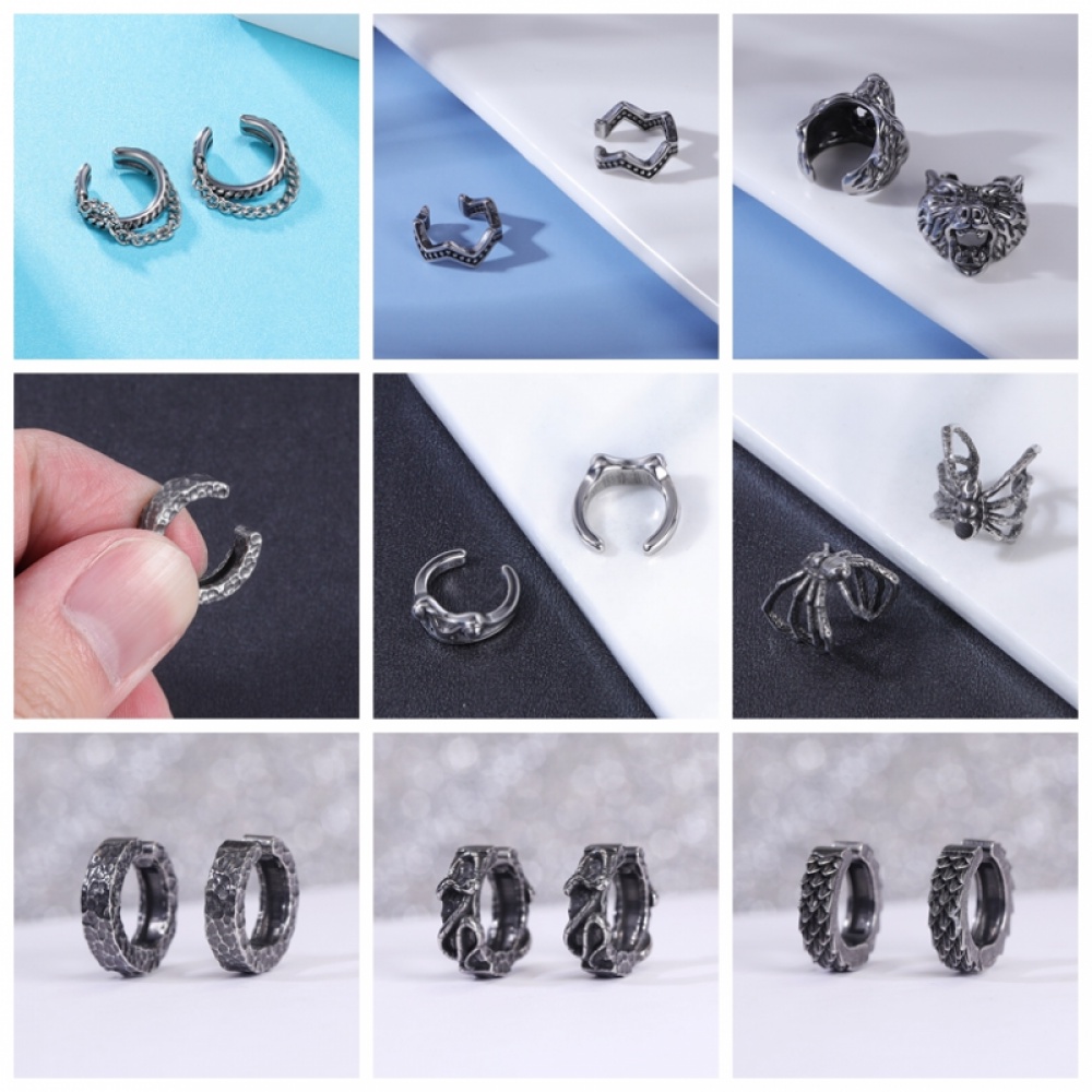 1 Pasang Anting Klip Tanpa Tindik Desain Tengkorak Laba-Laba Bahan Stainless Steel Gaya Punk